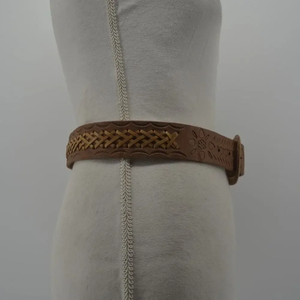 Western Leather Mens Size 28 Belt Tooled Stitched Brown Cowboy
